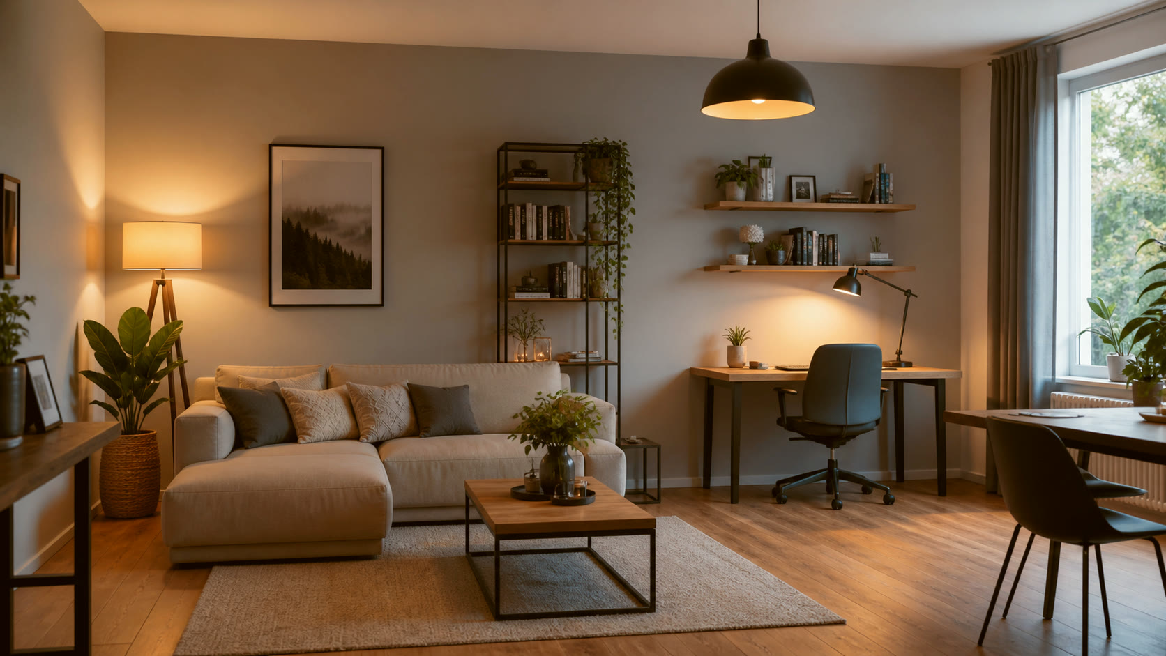 Wohnraum mit Sofa, Pendelleuchte und Homeoffice-Ecke